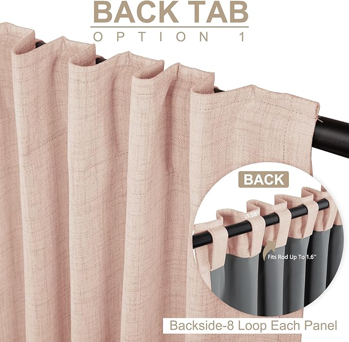 100% Blackout Shield Creamy Peach Linen Blackout Curtains for Bedroom 96 Inches Long, Back Tab/Rod Pocket Living Room Drapes, Thermal Insulated Blackout Curtains 2 Panels Set, 50" W x 96" L