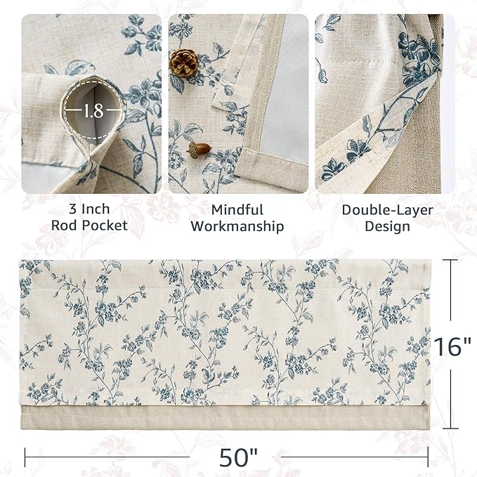 jinchan Linen Kitchen Valance for Windows 16 Inch Floral Double Layer Valance Living Room Laundry Room Darkening Rustic Cottagecore Farmhouse Flower Window Treatment 1 Panel Blue on Linen