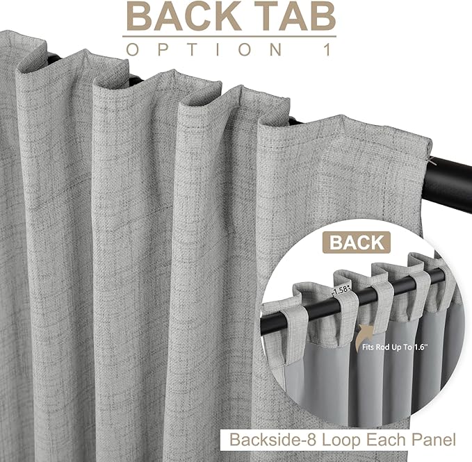 100% Blackout Shield Linen Blackout Curtains for Bedroom 108 Inches Long, Back Tab/Rod Pocket Living Room Drapes, Thermal Insulated Blackout Curtains 2 Panels Set, 50" W x 108" L, Ash Grey