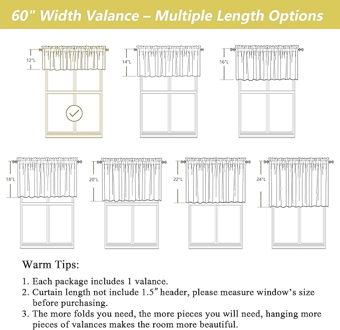 Black Valances for Windows, Light Filtering Faux Linen Textured Small Short Valance Curtains for Bathroom Basement Farmhouse, Rod Pocket Top Half Curtains for Windows, 60Wx12L Inch