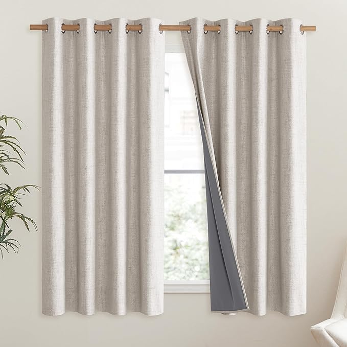 NICETOWN Brich Vintage Open Linen Weave Flax Thermal Curtains, 100% Blackout Curtains 48" Long for Dining Room, Soundproof Window Treatment Drapes for Hall Room, 52" Wide Per Panel, Set of 2