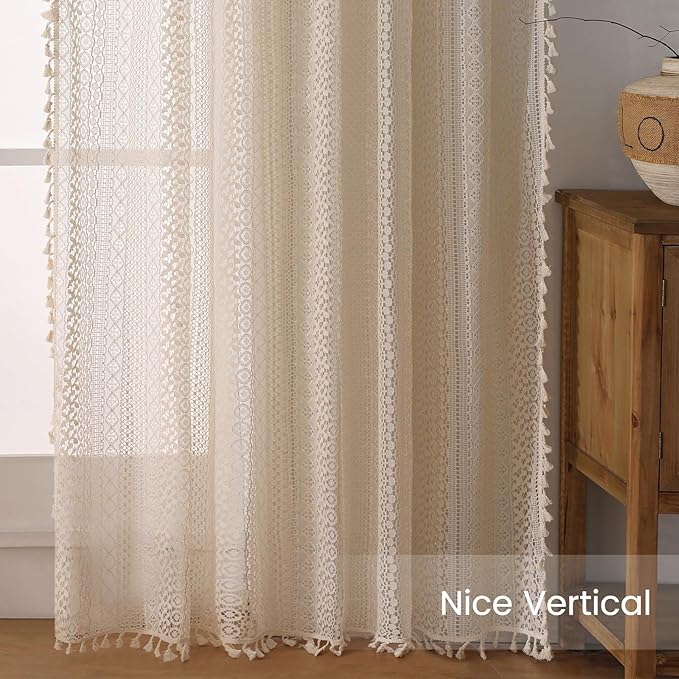 WAZZIO Boho Lace Curtains 54 Inches 2 Panel,Light Filtering Privacy Tassel & Geometry Crochet Semi Sheer Curtain Drapes for Bedroom Living Dining Room,Rod Pocket & Tassel,Vintage Farmhouse Decor,Beige