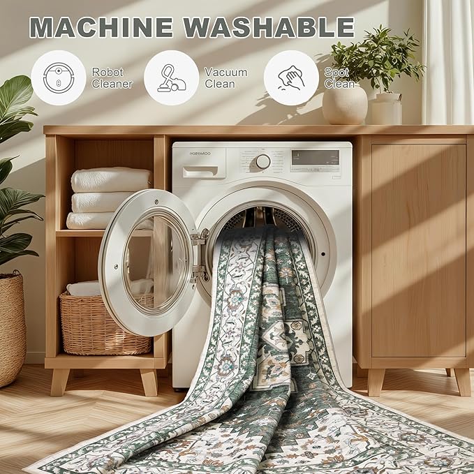 Area Rugs 10x12 Living Room Rug: Washable Rug Soft Vintage Boho Medallion Carpet Indoor Non-Slip Stain Resistant Large Carpets for Bedroom Dining Room Farmhouse Nursery Home Office Green Ivory