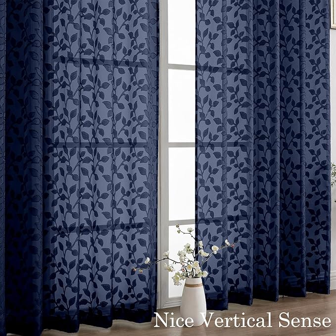 Chyhomenyc Navy Blue Sheer Curtains 30 Inch Length, Light Filtering Leaf Tufted Textured Small Window Kitchen Curtain Over Sink, Short Half Window Curtains for Bathroom Basement, 30" Wx30 L, 2 Panels
