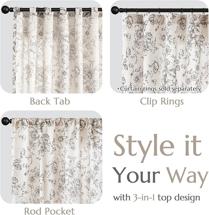 jinchan Linen Blend Curtain Floral Curtains for Living Room 120 Inch Length Black Printed Curtain Rod Pocket Back Tab Farmhouse Peony Flower Patterned Drapes Bedroom Window Curtains Set 2 Panels