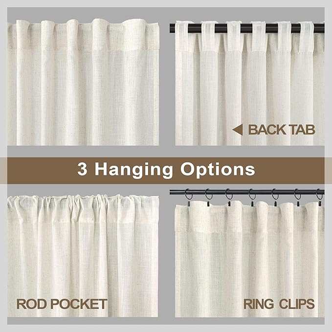 Pitalk 72 Inch Wide Curtains for Living Room 84 in Long 2 Panels Natural Linen Semi Sheer Light Diffusing Window Treatment Pole Pocket Back Tab Ivory Cream Curtains for Bedroom Width 72x84 Length