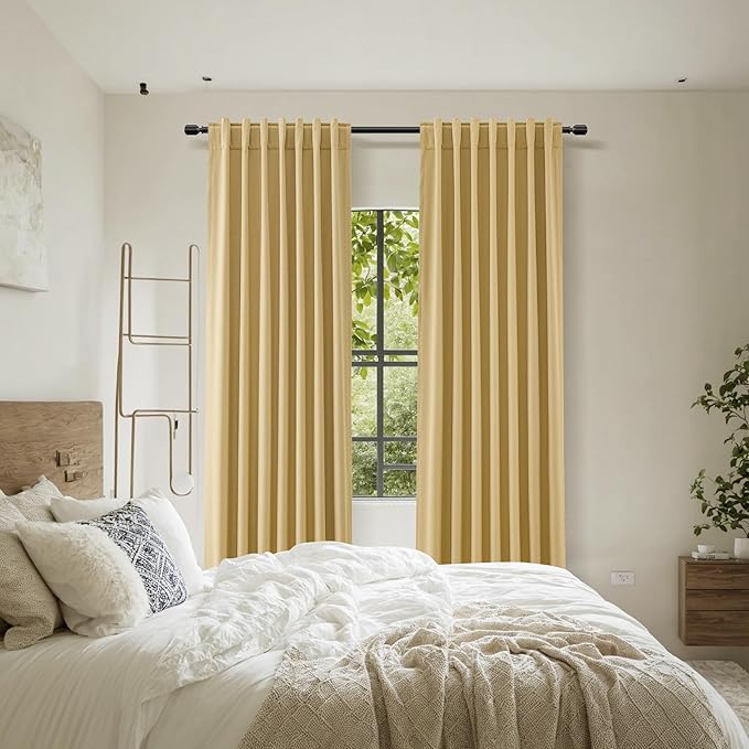 Guken 100% Blackout Curtains 100 Inch Length 2 Panels Set for Living Room Bedroom Back Tab Thermal Insulated Black Out Linen Drapes Room Darkening Window Curtains 100 Inches Long,Gold Yellow