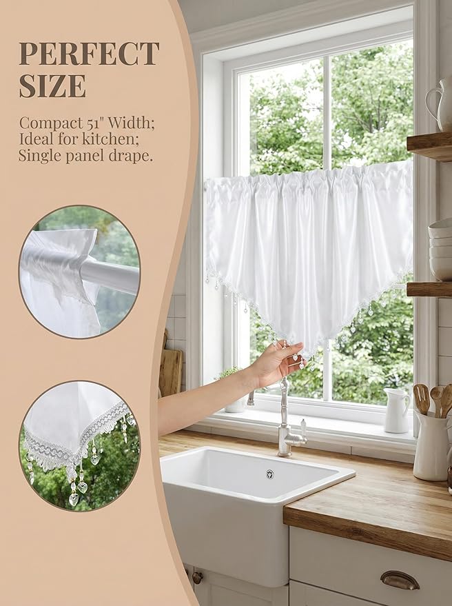 Molaxhome Swag Curtain 51 inch Length Rod Pocket Scalloped Curtain Valance Sheer Lace Panels with Hanging Crystal Beads for Kitchen Bedroom Window Treatments Drape Decor 1pc (Cloth White, 51Wx23L)