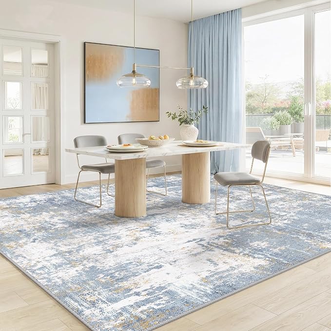 Washable Area Rugs 9'x12' Non-Slip Modern Abstract Soft for Living Room Entryway Bedroom Nursery, Print Pattern, Light Blue