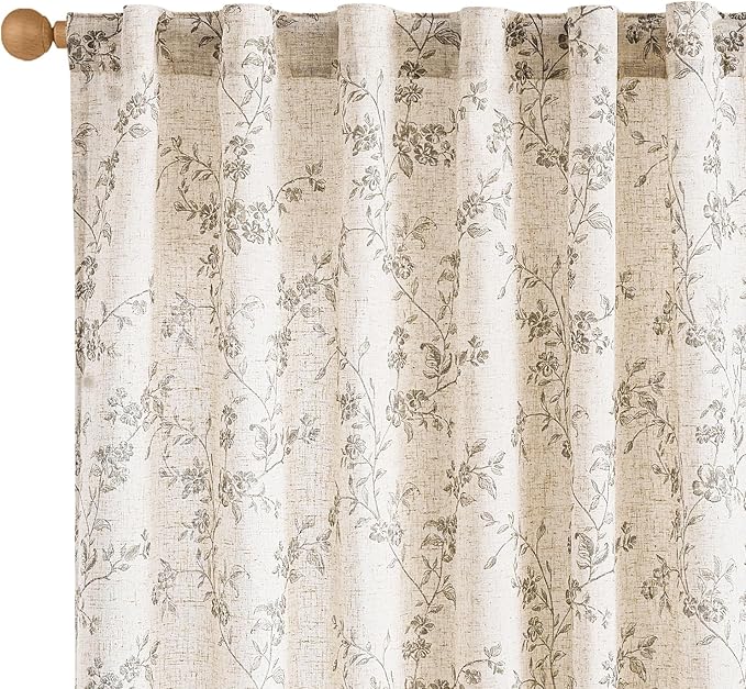 Lazzzy Linen Farmhouse Curtains Grey Floral Curtains 63 Inch Long Back Tab Drapes for Living Room Bedroom Light Filtering Country Vintage Rod Pocket Curtain, 2 Panels, Gray on Beige