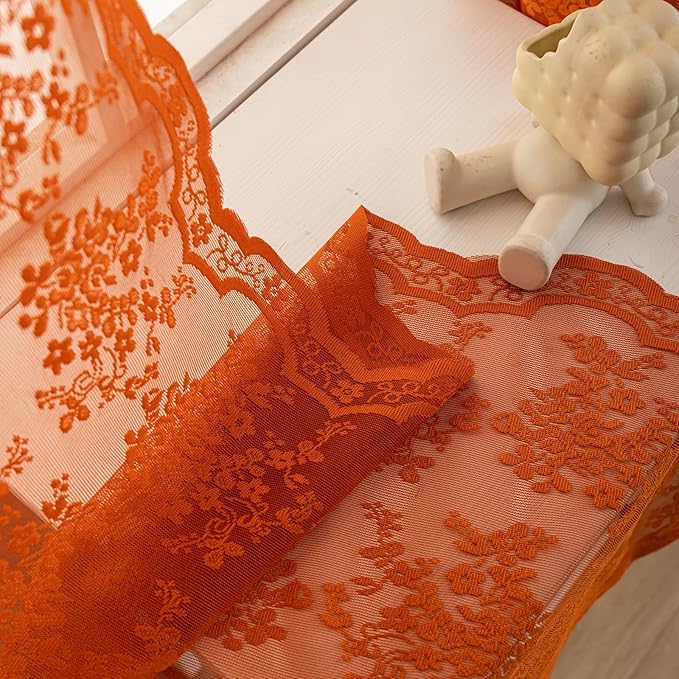 YJ YANJUN Vintage Lace Curtains 84 Inches Long-Rustic Floral Bohemian Burnt Orange Sheer Curtain Panels for Living Room Bedroom Kitchen,Light Filtering, Boho Autumn Fall Decor 2 Panels 52W x 84L