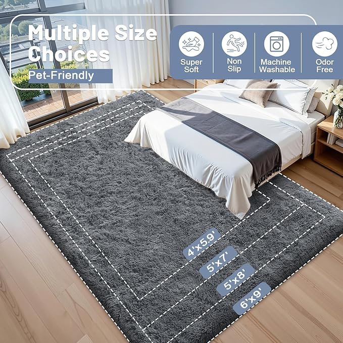 OLANLY 5x8 Machine Washable Large Area Rugs for Living Room, Bedroom, Soft Fluffy Shaggy Bedside Rug, Indoor Floor Carpet for Kids Girls and Boys, Dorms, Nursery, Home Decor Aesthetic, Grey