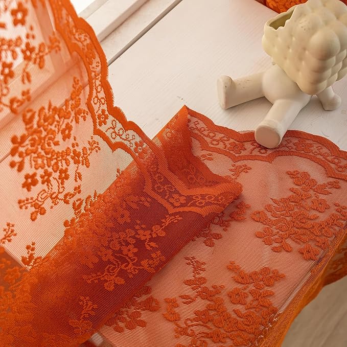 YJ YANJUN Vintage Lace Curtains 108 Inches Long- Burnt Orange Floral Sheer Curtain Panels for Living Room Dining Room Sliding Glass Door Boho Autumn Fall Decor 2 Panels 52W x 108L Light Brown Red