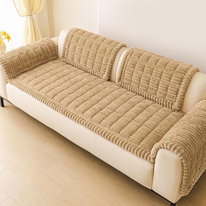 hyha Couch Covers for Dogs Washable, Non Slip Plush Dog Sofa Protectors, Fuzzy Pet Couch Covers for 3 Cushion Sofa Pet Friendly (Camel, 27.6" x 59")