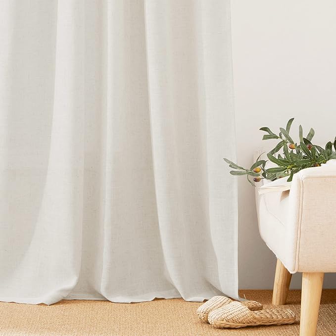 RYB HOME Sheer Linen Blend Curtains - Privacy Semi Translucent Linen Texture Draperies Soften Sunlight Glare Farmhouse Window Curtains for Living Room Cafe Laundry Room, 52" W x 72" L, 2 Panels