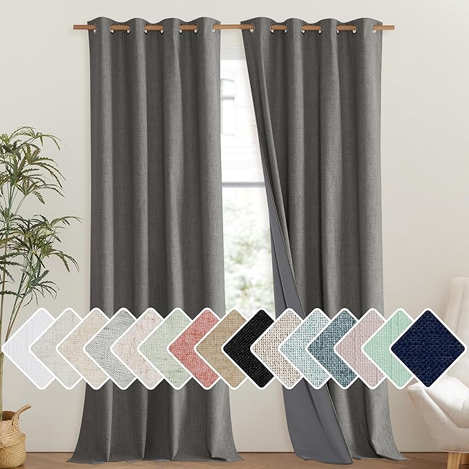NICETOWN Grizzle Gray Vintage Linen 100% Blackout Curtains for Living Room, Thermal Insulated Curtains 102" Long, Noise Reducing Window Treatment Drapes for Hall Room, 52" Wide Per Panel, Set of 2