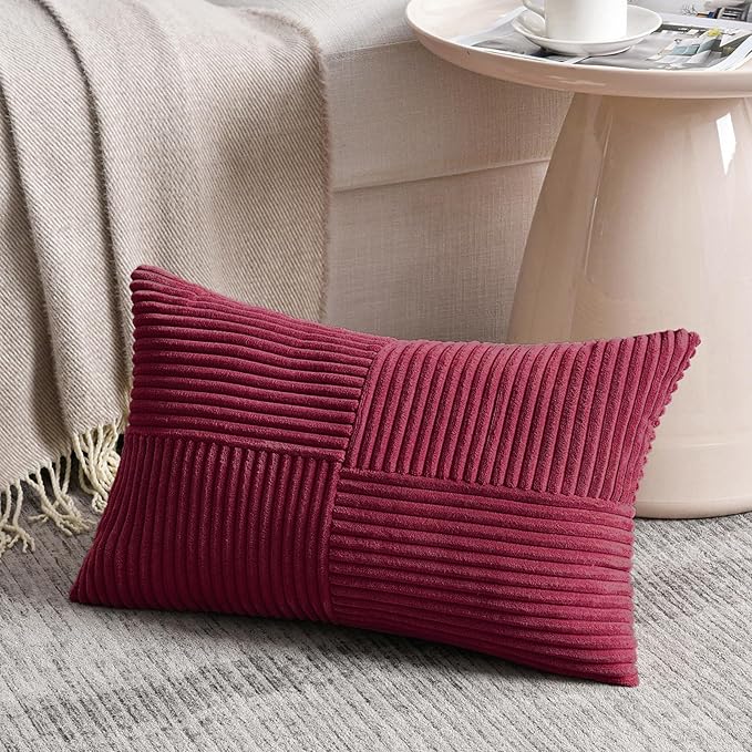 Fancy Homi 2 Packs Burgundy Lumbar Decorative Throw Pillow Covers 14x22 Inch for Living Room Couch Bed, Farmhouse Boho Home Decor, Soft Striped Corduroy Rectangle Accent Cushion Case 35x55 cm