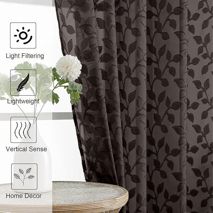 Chyhomenyc Chocolate Sheer Curtains 90 Inch Length 2 Panels Set, Light Filtering Tufted Textured Soft Airy Rod Pocket Gentle Leaf Window Treatment Drapes for Bedroom Living Room, 52" Wx90 L, 2PCS
