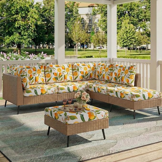 hyha Printed Couch Cushion Covers, Floral Sofa Covers Washable for 2 Cushion Couch, Stretch Pattern Outdoor Cushion Covers for Patio Furniture with Elastic Bottom(Medium, Lemon)