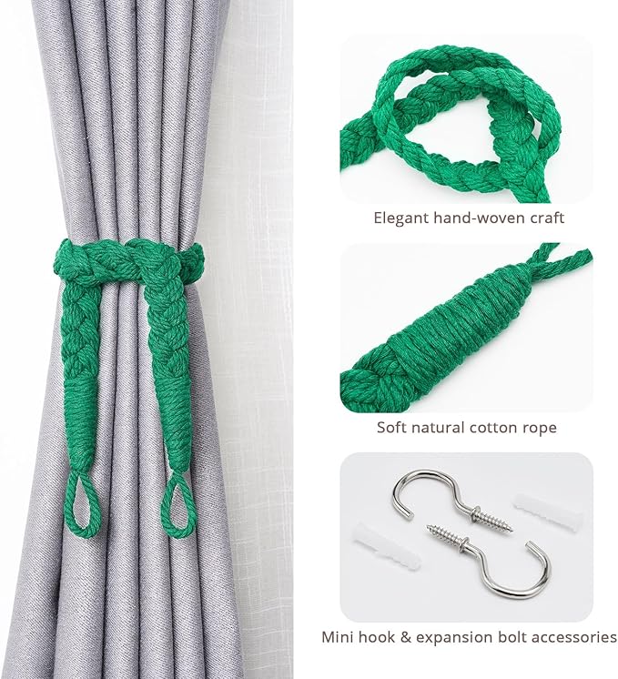 NICEEC 4 Pack Natural Cotton Rope Curtain Tiebacks Elegant Boho Style Decorative Drape Tie Backs Soft Hand-Woven Rope Curtain Holdbacks with Metal Hook for Home & Office Drapery (Green)
