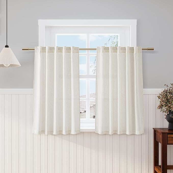 Nanspring Natural Semi Sheer Kitchen Curtains 36 Inch Length 2 Panel Set Back Tab Pocket Design Short Linen Curtain Tiers for Small Bathroom Window Basement 40x36
