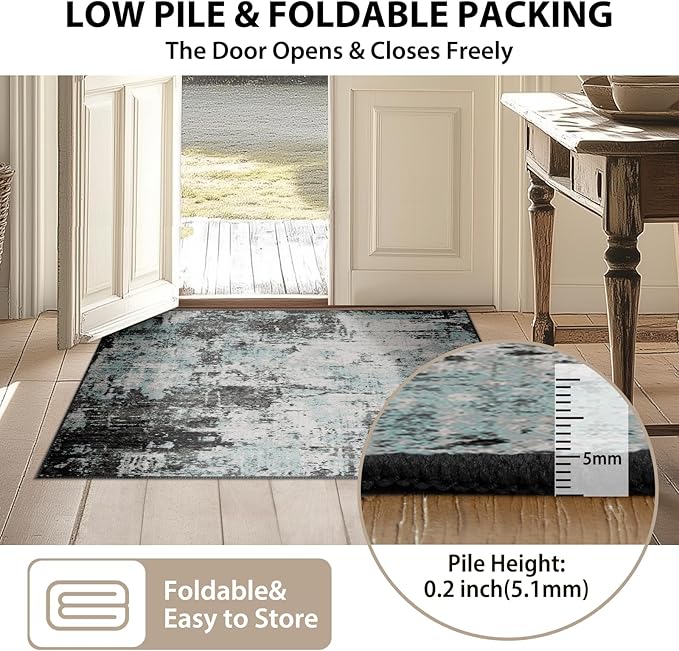Washable Area Rugs 6'x8' Non-Slip Modern Abstract Soft for Living Room Entryway Bedroom Nursery, Print Pattern, Blue Black Teal