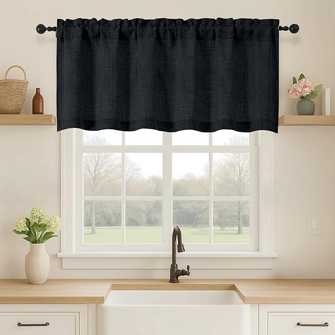OVZME Black Valance for Windows, Light Filtering Faux Linen Textured Small Kitchen Valances for Windows, Dual Rod Pocket Farmhouse Short Curtain for Bathroom Basement, 60Wx20L inch, 1 Piece