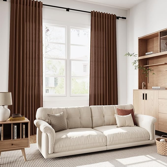 Mocha Brown Linen Curtains 90 Inch Length 2 Panels for Living Room Back Tab Rod Pocket Window Drapes Light Filtering Modern Farmhouse Curtain 90 Inches Long for Dining Room Office 52x90