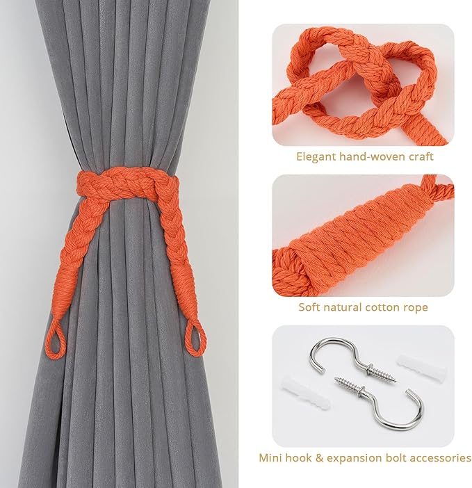 NICEEC 4 Pack Natural Cotton Rope Curtain Tiebacks Elegant Boho Style Decorative Drape Tie Backs Soft Hand-Woven Rope Curtain Holdbacks with Metal Hook for Home & Office Drapery (Orange)
