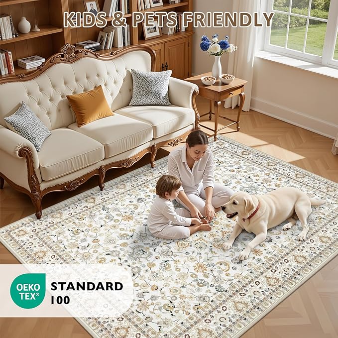 6x9 Area Rugs Living Room Rug: Washable Vintage Boho Rug No Slip Stain Resistant Soft Carpet Indoor Floor Floral Large Carpets for Bedroom Dining Room Farmhouse Nursery Home Office Beige