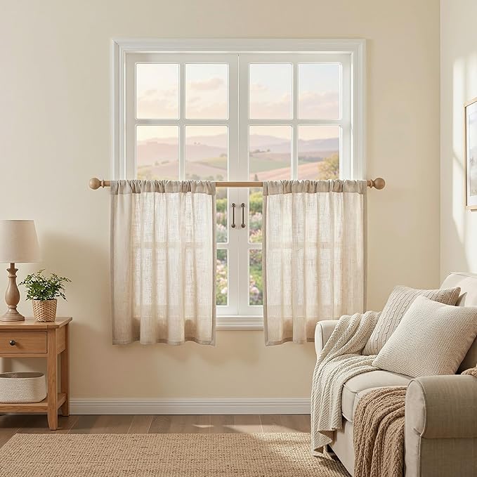 MYSKY HOME 30 Inch Length Oatmeal Tiers Curtains for Cafe, Semi Sheer Light Filtering Window Curtain Panels Rod Pocket Short Country Decor Drapes for Bathroom/Basement, Taupe, 2 Panels, 34 x 30 Inch
