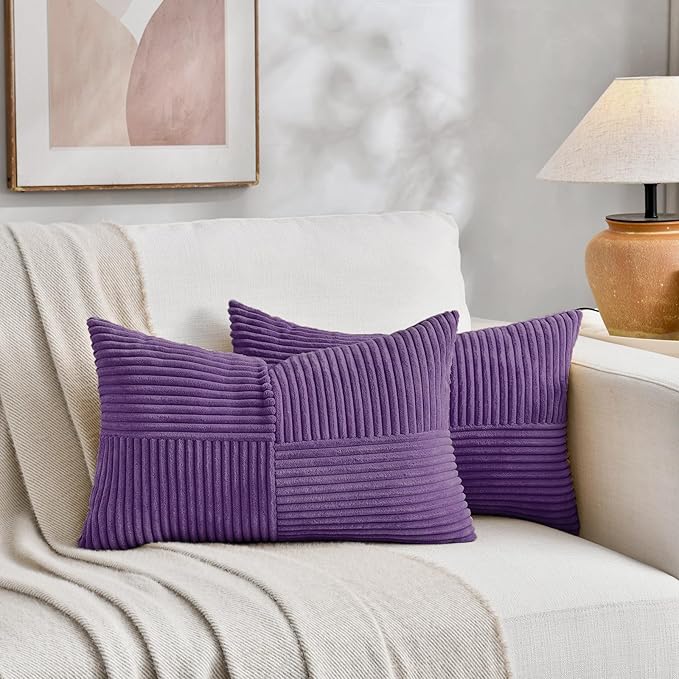 Fancy Homi 2 Packs Purple Lumbar Decorative Throw Pillow Covers 14x22 Inch for Living Room Couch Bed, Farmhouse Boho Home Decor, Soft Striped Corduroy Rectangle Accent Cushion Case 35x55 cm