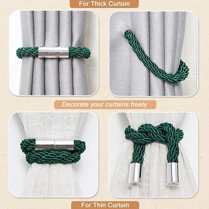 NICEEC 4 Pack Strong Magnetic Curtain Tiebacks Modern Simple Style Drape Tie Backs Convenient Decorative Weave Rope Curtain Holdbacks for Thin or Thick Home & Office Window Draperies (Green)