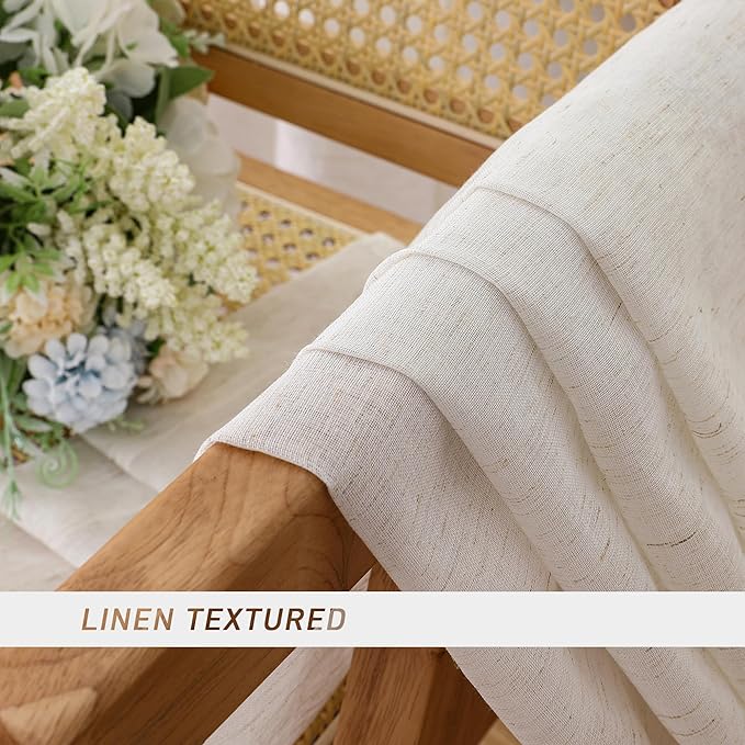 Simplebrand Natural Linen Textured Sheer Curtains 63 Inch Length 2 Panels, Rod Pocket Solid Color Window Sheer Curtain Panels, Elegant Curtains & Drapes for Living Room, Bedroom (40" W x 63" L)