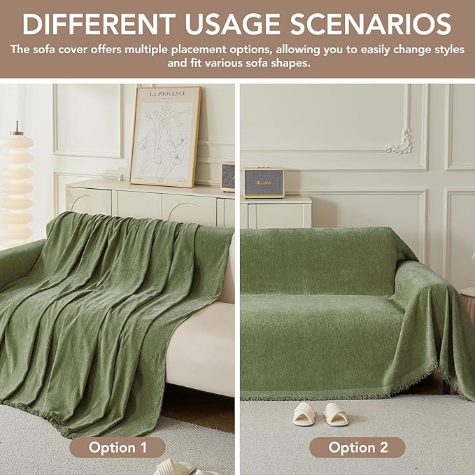 Couch Cover for Dogs, Boho Sofa Covers for 3 Cushion Couch, Chenille Sofa Slipcover for Pets Washable, L-Shape Sectional Couch Loveseat Cover Soft Throw Blankets with Tassels(71x134,Green)