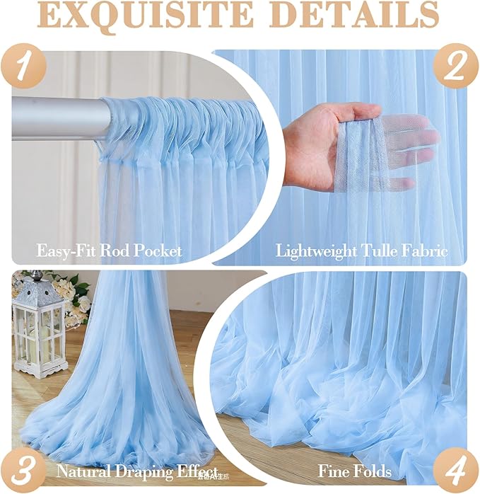 20ft x 15ft Baby Blue Tulle Backdrop Curtain for Birthday Party Sheer Fabric Backdrop Curtains for Baby Shower Boy Back Drop Gender Reveal Wedding Photo Backdrop Drapes Background 4 Panels 5ft x 15ft