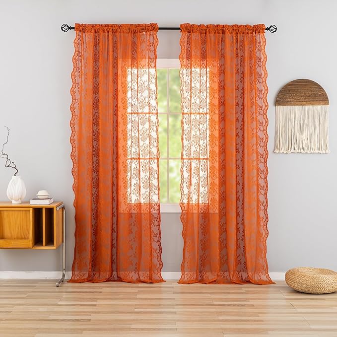 YJ YANJUN Vintage Lace Curtains 84 Inches Long-Rustic Floral Bohemian Burnt Orange Sheer Curtain Panels for Living Room Bedroom Kitchen,Light Filtering, Boho Autumn Fall Decor 2 Panels 52W x 84L