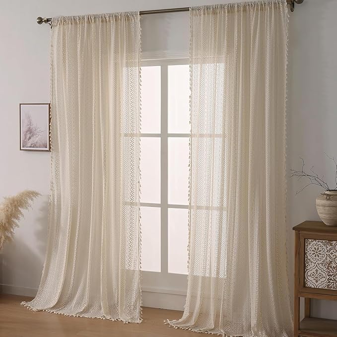 WAZZIO Boho Lace Curtains 90 Inches 2 Panel,Light Filtering Privacy Tassel & Geometry Crochet Semi Sheer Curtain Drapes for Bedroom Living Dining Room,Rod Pocket & Tassel,Vintage Farmhouse Decor,Beige