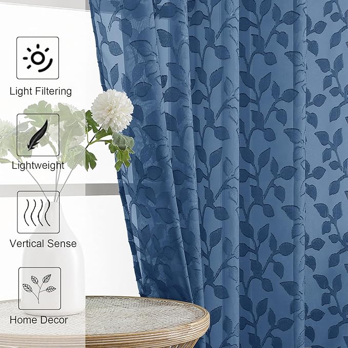 Chyhomenyc Dusty Blue Sheer Curtains 54 Inch Length for Living Room 2 Panels Set, Light Filtering Tufted Textured Soft Airy Rod Pocket Leaf Window Treatment Drapes for Bedroom, 42" Wx54 L, 2PCS