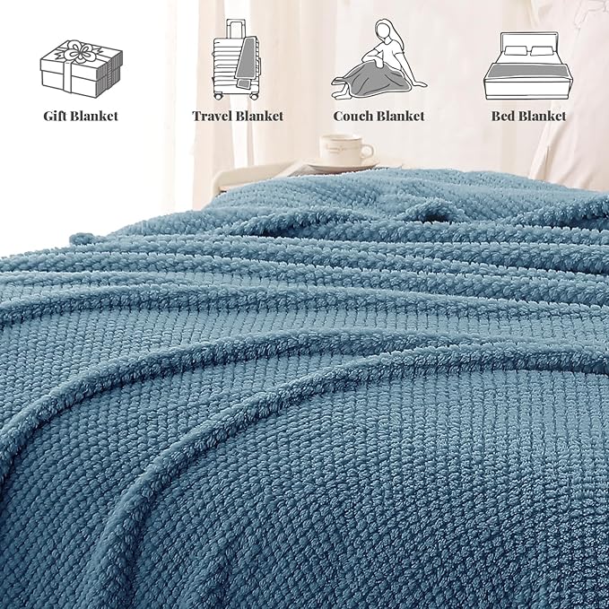 Whale Flotilla Queen Size Fuzzy Fleece Blanket, Fluffy Warm Soft Jacquard Bed Blankets for All Season, Lightweight and Cozy, 90x90 Inch, Slate Blue
