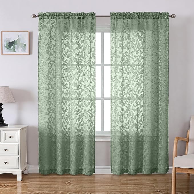 Lecloud Leia Sage Green Sheer Curtains 72 Inches Long 2 Panels, Jacquard Texture Leaves Voile Curtain Balance Light & Privacy, Dual Rod Pockets Drapes for Living Room Bedroom, Each 42" W x 72" L