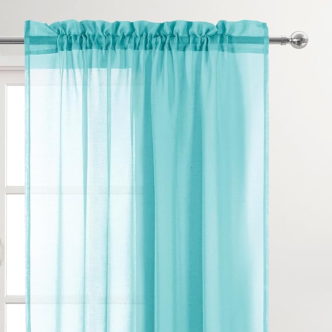 DWCN Aqua Sheer Curtains Semi Transparent Voile Rod Pocket Curtains for Bedroom and Living Room, 52 x 63 inches Long, Set of 2 Panels