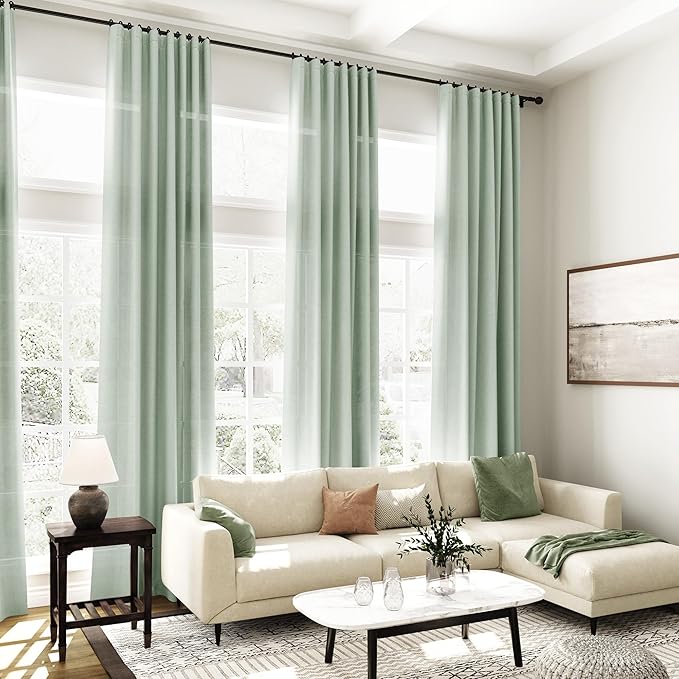 Nanspring Aqua Green Linen Curtains 84 Inch Length 2 Panels Set for Living Room Rod Pocket Back Tab Light Filtering Window Drapes for Bedroom Dining Room Protect Privacy Modern Farmhouse Decor 52x84