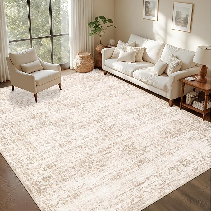 8x10 Area Rugs for Living Room: Washable Rug Soft Vintage Boho Carpet Indoor Floor Non-Slip Stain Resistant Floral Large Carpets for Bedroom Dining Room Farmhouse Nursery Home Office Beige