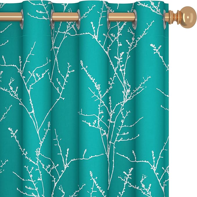 Deconovo Blackout Curtains, Thermal Insulated Soundproof Drapes with Tree Foil Print, 52 x 72 Inch, Set of 2, Machine Washable Window Curtain for Bedroom Living Room Nursery Kitchen Office, Turquoise