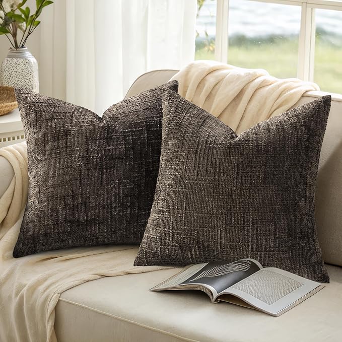decorUhome Dark Brown Chenille Throw Pillow Covers 18x18 Set of 2 Textured Soft Cozy Slubby Couch Pillow Covers Modern Farmhouse Boho Decorative Pillow Cases for Bed Sofa Living Room