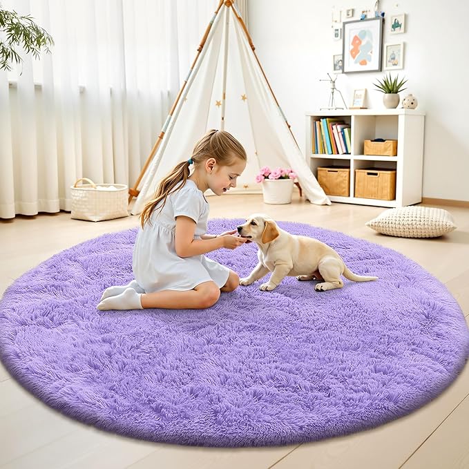 OLANLY Light Purple Round Rugs for Bedroom - Machine Washable, 8 ft Circle Area Rugs for Living Room, Soft and Fluffy Shaggy Carpet for Teen Girls and Boys, Nursery Rooms, Dorms, Home Decor Aesthetic