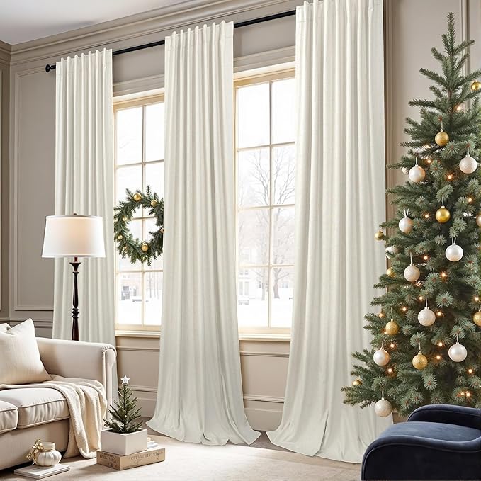 100% Blackout Curtains 84 Inch Length 2 Panels Set Neutral Boho Linen Farmhouse for Bedroom Windows Living Room Darkening Thermal Insulated Drapes Natural Cream Ivory 7ft Long Back Tab Pleated Pocket
