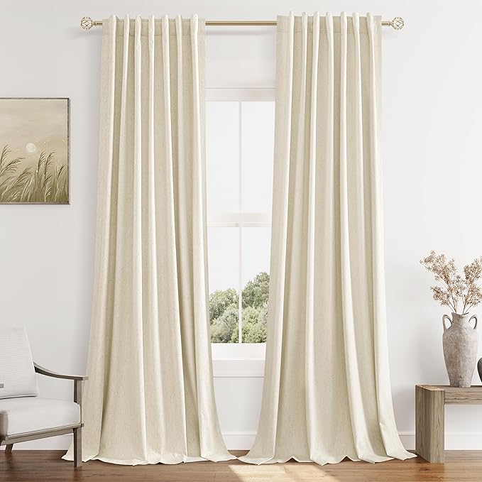 Guken 100% Blackout Curtains 100 Inch Length 2 Panels Set for Living Room Bedroom Back Tab Thermal Insulated Black Out Linen Drapes Room Darkening Window Curtains 100 Inches Long,Warm Beige