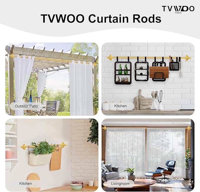 TVWOO Gold Wrap Around Curtain Rods 2 Pack:Small Blackout Adjustable Window Curtain Rod for Bedroom Kitchen Apartment Renter Friendly,Room Darkening Curved Drapery Rods Easy Install,Brass Gold 28-48"